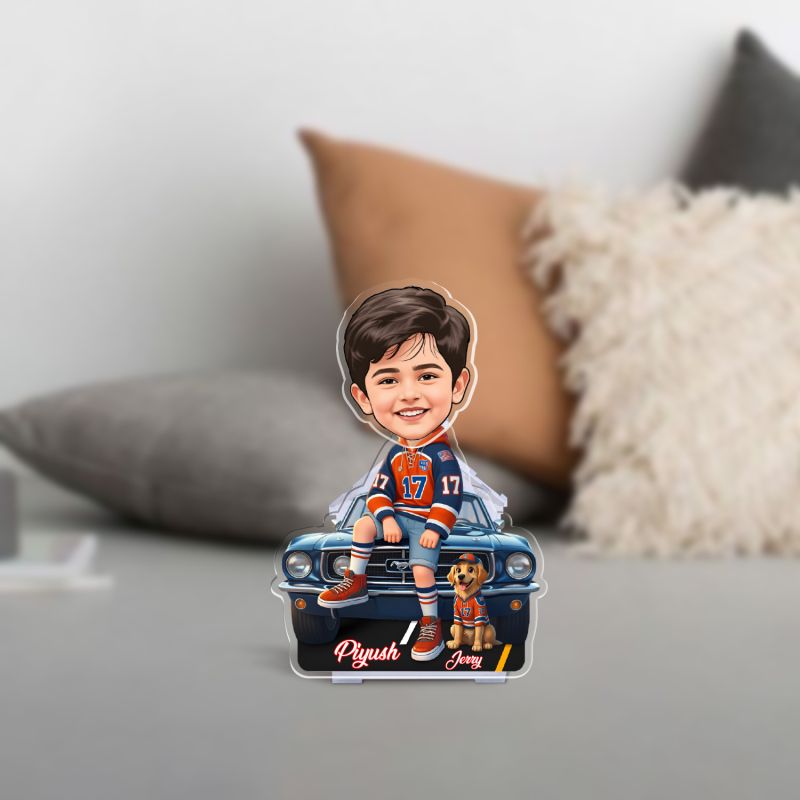 Personalized Bobblehead Caricature with Motorcycle Solar Car Accessories for Dashboard Decor Solar Powered Head Shaking Feature (Customized Boy & Dog Caricature)